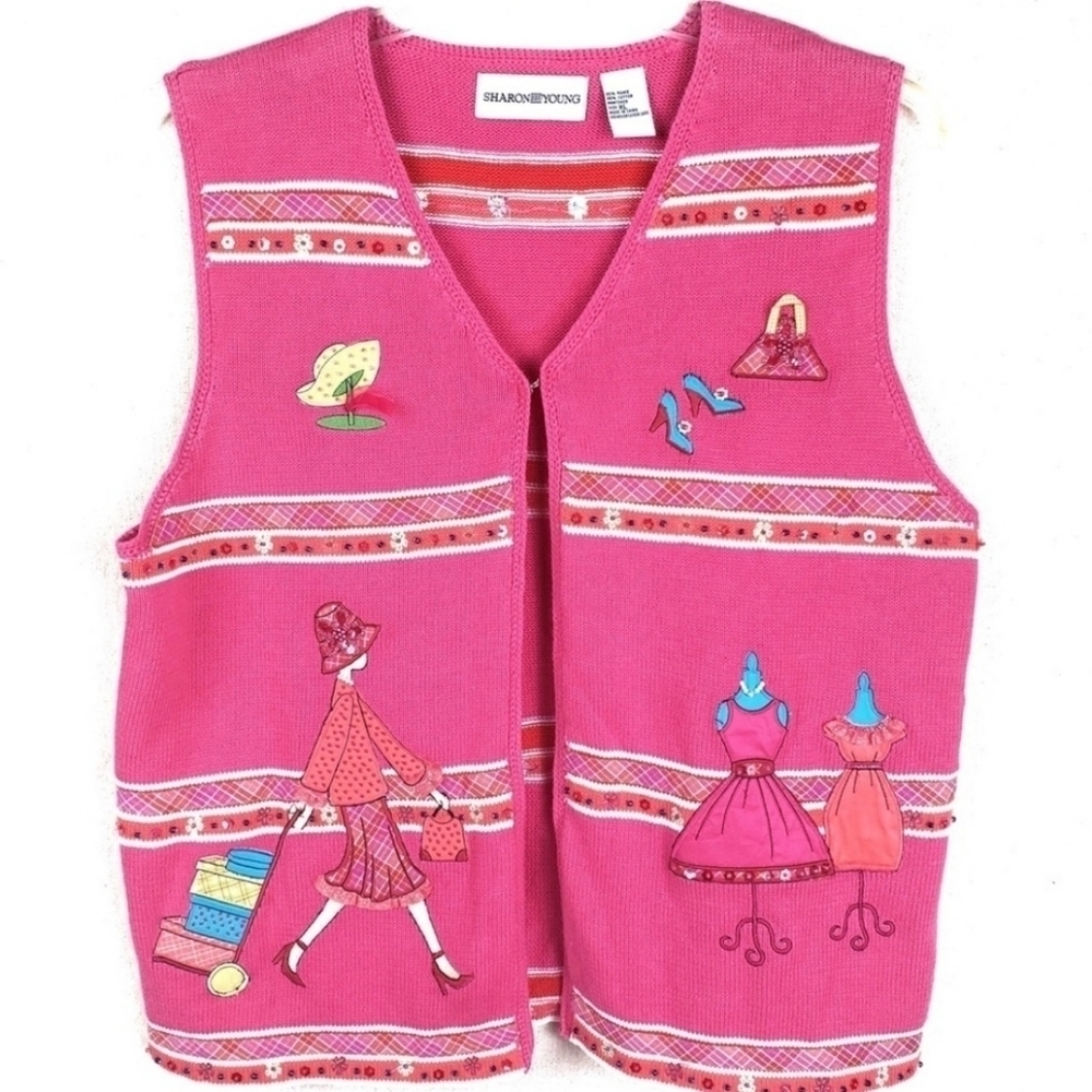 SHARON YOUNG sweater vest Sleeveles knit  fashion embellishments vibrant pink